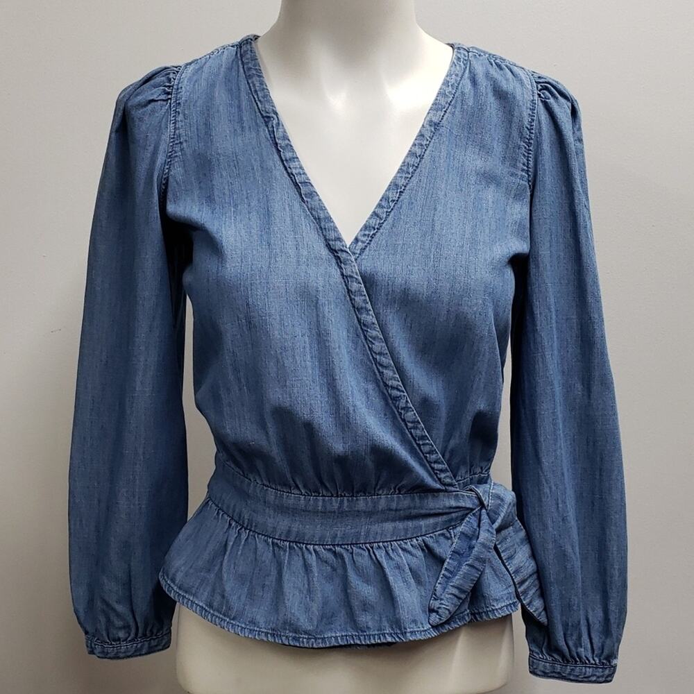 Denim Puff-Sleeve Peplum Wrap Top Women's XXS Ruffled Hem Cottagecore Prairie